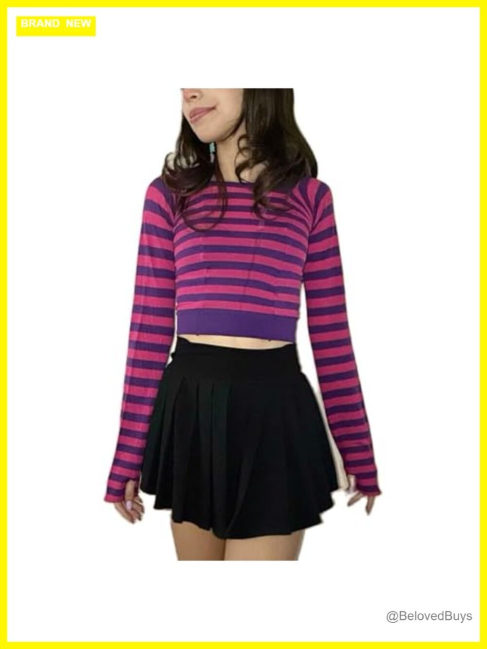 Womens Slim Fit Long Sleeve Crop Top Grunge Crewneck Striped Y2k Tee Shirt